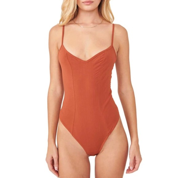 Free People NWT Last Rose Bodysuit Spaghetti Straps Sweetheart Neck Amber S New - Picture 1 of 12